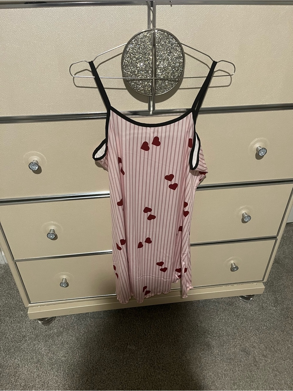 Free People Pink Striped Chemise with Red Heart Print and Black Trim